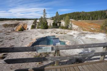 Yellowstone National Park. Famous fumaroles with hot water azure Blue Star spring
