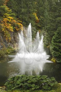 Magnificent dance fountain in well-known Butchard-garden on island Vancouver