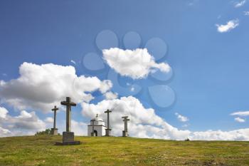 Glade with a chapel and memorable crosses in the ancient Spanish city of Segovia 