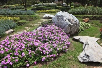 The most beautiful park in Southeast Asia. A masterpiece of landscape gardening - huge park in Thailand. Magnificent flower beds, green lawns and tropical trees