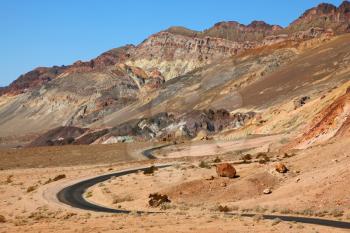 Excellent road, crossing Death Valley in the USA. The desert and mountains