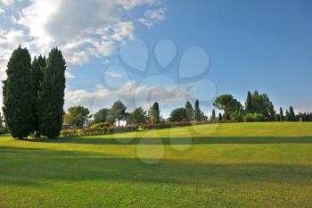  Northern Italy, the summer.  A large green meadow in the landscape park Sigurta