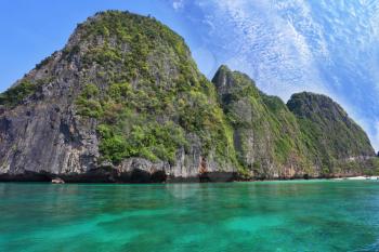 Emerald sea and fine white sand. Scenic green islands of Thailand coast
