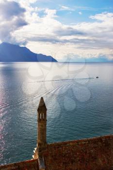  A landscape from a roof of a medieval fortress ?hillon on a coast of lake Leman