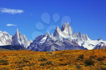 The magnificent mountain range - Mount Fitzroy in Patagonia, Argentina. Summer sunny noon