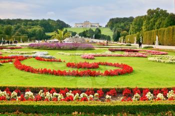 Schönbrunn - the summer residence of the Austrian Habsburgs. Area with flower beds regular geometric forms leads to a magnificent building on a green hill 
