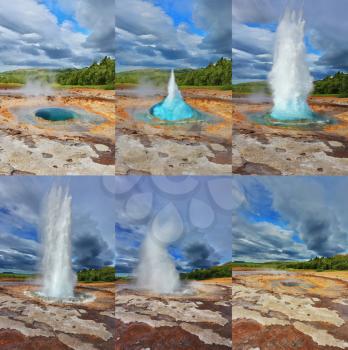 Geyser Strokkur in Iceland. Fountain Geyser throws hot water every few minutes. Collage showing different phases of the action of the geyser