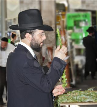 BNEY-BRAK, ISRAEL - SEPTEMBER 17, 2013:  Grand Bazaar on the eve of the Jewish holiday. Handsome young man in a black hat chooses ritual plant - myrtle