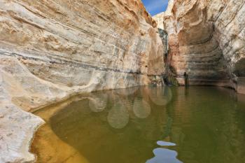 Picturesque canyon En-Avdat in the desert Negev. Sandstone walls of canyon form round bowl. The bowl of falls reflects the sky