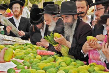 BNEI- BRAK, ISRAEL - SEPTEMBER 17, 2013:  Traditional market before the holiday of Sukkot. Counter with Citron. Religious Jews in black hats and skullcaps carefully selected ritual fruits  