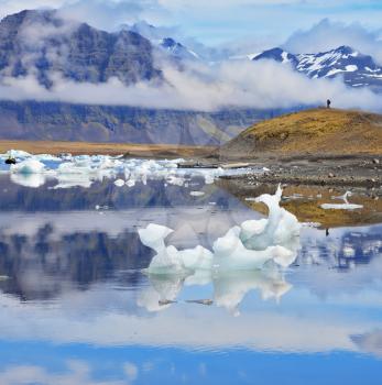 Ocean ice lagoon Jökulsárlón. In Iceland early July morning. Icebergs and ice floes are reflected in smooth water