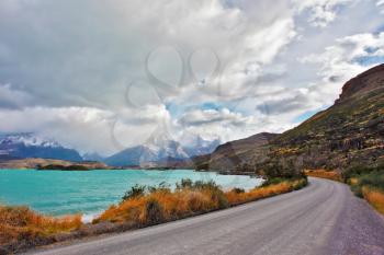 Beautiful Patagonia. Park Torres del Paine in southern Chile. The road around the lake Pehoe