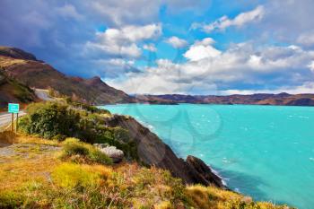 Beautiful Patagonia. Park Torres del Paine in southern Chile. Emerald waters of Lake Pehoe