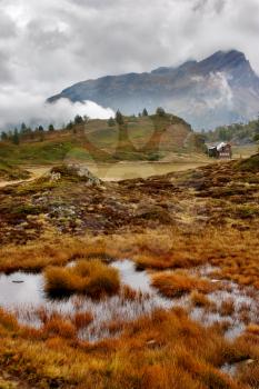 
Autumn clouds reflected in puddles in Switzerland mountains

