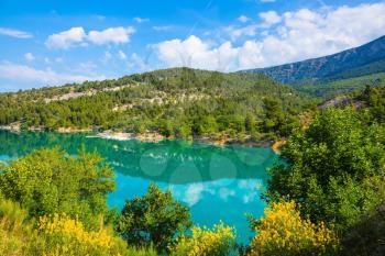 The most spectacular in  French Alps - Verdon Canyon.  Spring Provence. Azure water reflects the clouds