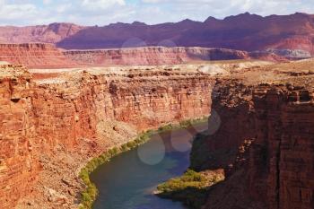 Magnificent Colorado River slowly flows into the high banks of red sandstone