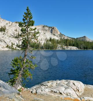 Bright dark blue May lake in mountains Yosemite park in the USA
