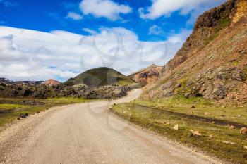 Summer trip to Iceland. Dirt road in the National Park Lanmannalaugar