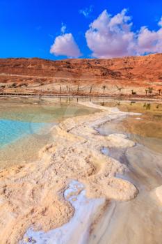  The evaporated salt forms freakish patterns on a water surface. The Dead Sea at coast of Israel