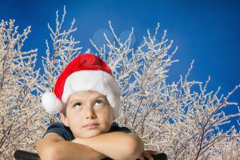 The charming seven-year-old boy in red Santa Claus cap thoughtfully looks up. The picture is made against the snow-covered New Year's wood