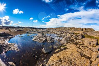Small picturesque pool in which the blue sky is reflected. The picture is made lens Fisheye