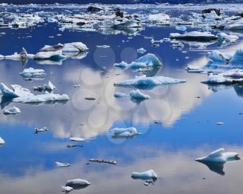 Blue icebergs and ice floes in the Ice Lagoon Jokulsarlon. South-east Iceland in July