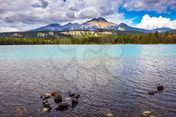 Magic lake in reserve surrounded by pine forests. Canadian Rocky Mountains, lake Annette, Jasper National Park