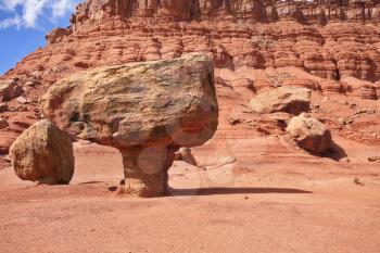 Magnificent American red desert. Huge mushroom from red sandstone. Solar midday sun