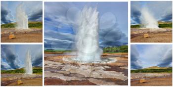 Card memory. Gushing geyser Strokkur. Collage showing different phases of the action of the geyser