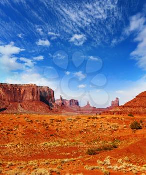 Red Desert Navajo reservation in the USA. Detached red rock sandstone