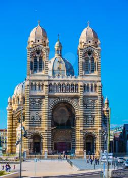MARSEILLE, FRANCE - MAY 22, 2015:  Beautiful spring day. The facade of the Cathedral of Saint Mary Major in Marseille