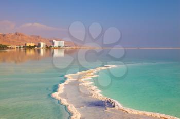  Israel in October. The patterns evaporated salt in the Dead Sea. Salt formed a long track with scalloped edges.