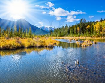  Concept of active tourism and ecotourism. Gorgeous sunset on the Vermilion Lakes in mountains of Banff National Park. Rocky Mountains, Canada