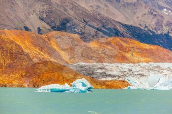 Massive glacier descends into the emerald water. In the water ice-floes, broken away from a glacier. The picturesque multi-colored shore of Lake Viedma