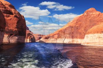 The lake Powell on  river Colorado. The foamy trace from powerboat crosses emerald waters. Hills from red sandstone surround the lake
