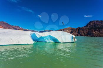 Huge white-blue ice floe drifts from coastal glacier. Argentina Patagonia, emerald water of the lake Viedma 
