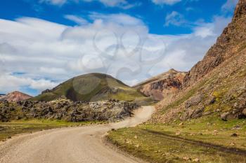 Dirt road in the National Park Lanmannalaugar. Summer trip to Iceland