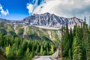 The picturesque road in Yoho National Park. Rocky Mountains of Canada