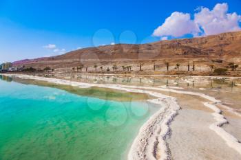 The concept of medical and ecological tourism. The evaporated salt on the shallow coast of the Dead Sea, Israel