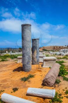  Ancient columns from the Roman period on Mediterranean coast. The scenic part of Caesarea National Park