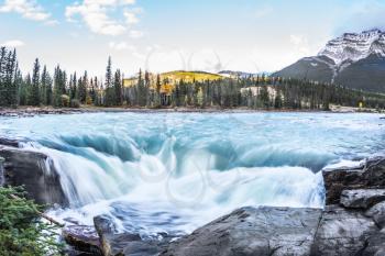 The full-water bubbling waterfall of Athabasca. Cold blue water at sunset. Clear autumn evening in Canada. The concept of extreme and ecological tourism