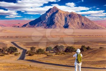 Purple and yellow mountains of the Namib desert. Sunset, Namibia. The concept of extreme and exotic tourism. Elderly woman with a green backpack is taking pictures of a landscape
