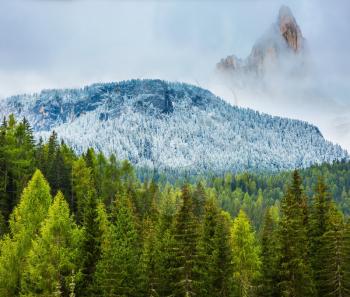 The concept of eco-tourism. Evergreen forests in the valley covered with the first snow. The landscape of the Dolomites in the snow