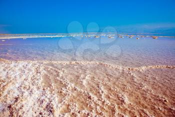 The concept of medical and ecological tourism. Hot summer day at the famous seaside resort on the Dead Sea, Israel. The shallow sea is covered with evaporated salt