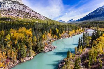 Dense forests cover the lake shores. Indian summer in Canada, warm sunny day in autumn. Abraham Lake is the most beautiful lake in the Rockies. The concept of ecological and active tourism