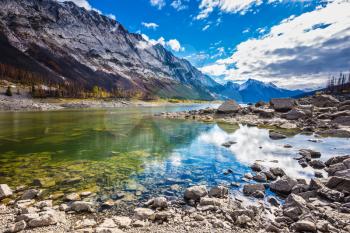 Jasper National Park, Canada. Strong shoaling Medicine Lake in the fall