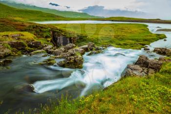  Streams of water in grassy valley. Summer day in the cold Iceland