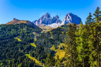 The coniferous forests at the foot of limestone and dolomite rocks. The picturesque route in the Italian Dolomites, the Southern Limestone Alps. The concept of active and car tourism