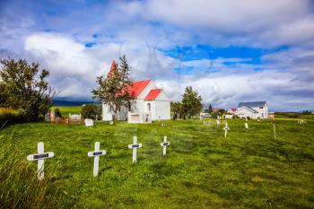 The ancient cemetery near the church in old village. Ethnographic Museum-estate Glaumbaer, Iceland. The concept of the historical and cultural tourism