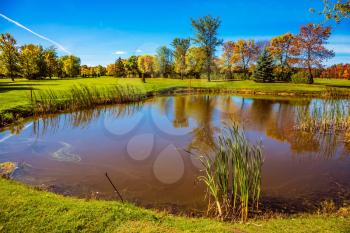  Red and green autumn foliage reflected in small oval pond  with clay bottom. Shining sunny day in French Canada. Concept of recreational tourism